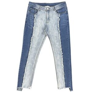 Two Toned Frayed Jeans Womens Large Concert Rock Indie Mid Rise Raw Hem Skinny